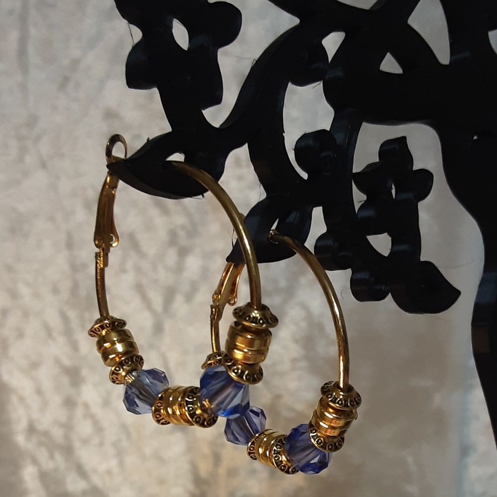 Handmade Hoop Textured Earrings Blue Goldtone